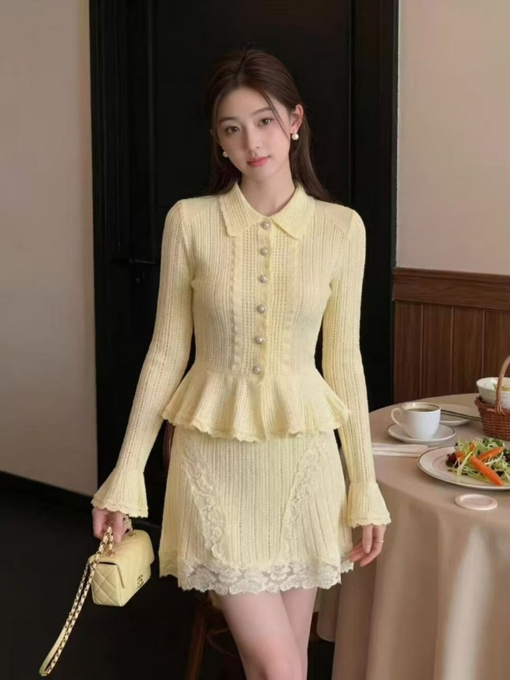 SELF-PORTRAIT Butter Yellow Knit One Piece Lace Hem Size S
